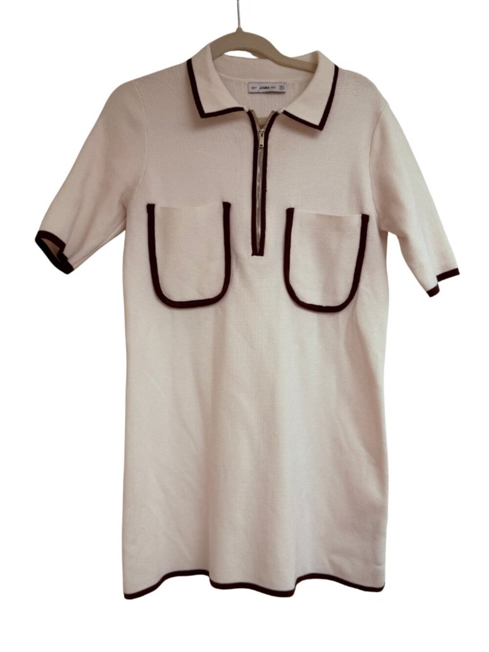 Zara Knit Polo Dress Cream Burgundy Trim Half Zip M